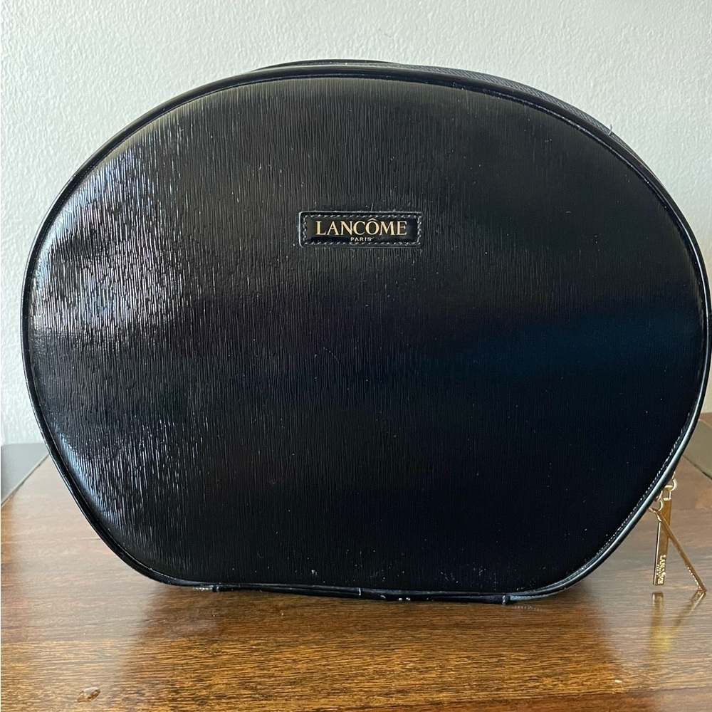 Lancome Paris Black Faux Leather Round Travel Cosmetic Bag Train Case - Picture 1 of 12